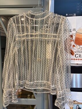 Choklate Paris Sheer Ivory Polka Dot Long-Sleeve Blouse Ruffle Cuffs NWT Small
